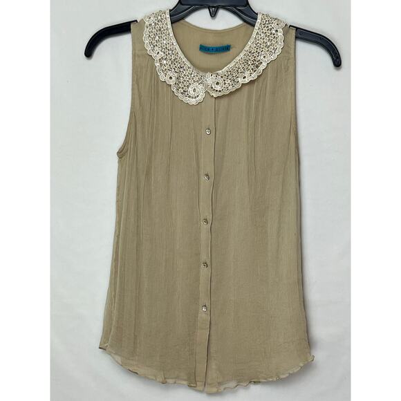 Alice + Olivia Women XS Tan Silk Sleeveless Peter Pan Collar Blouse Button Front - Picture 1 of 9
